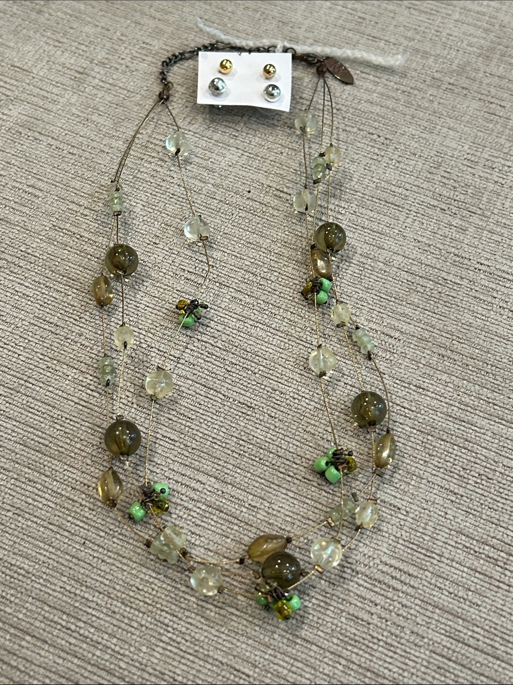 Multi-Strand Olive and Light Green Beaded Necklace with Stud Earrings